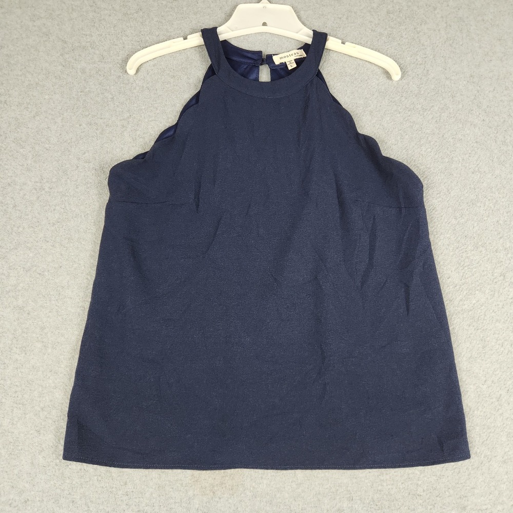 Monteau Tank Top Women Large Navy Blue Crepe Stretch Scalloped Sleeveless Halter
